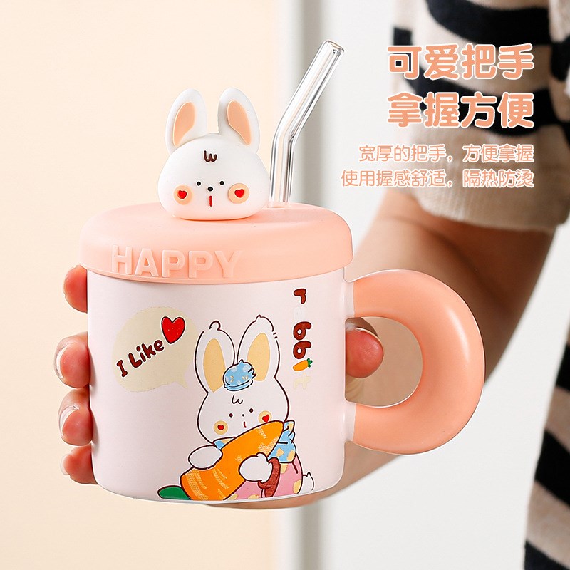 杯子带把手陶瓷办公室保温女家用口杯有盖大号可爱陶瓷条纹喝水