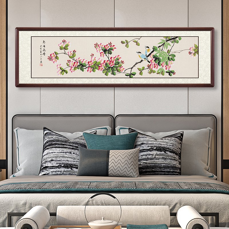 新中式纯手绘国画卧室床头装饰画客厅花鸟海棠壁画沙发背景墙挂画图片