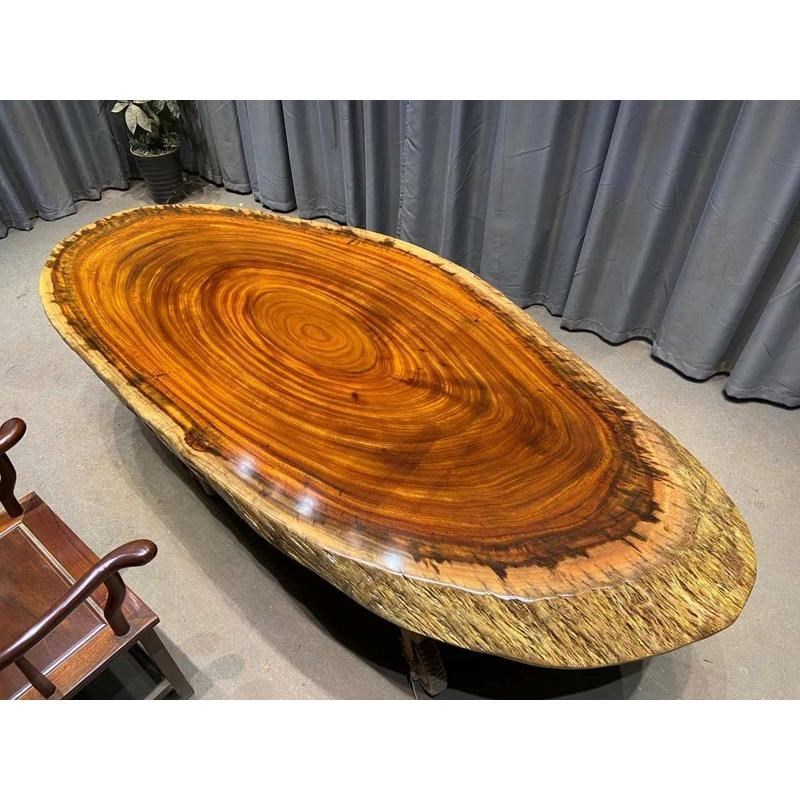 奥坎实木大板斜切椭圆形餐桌圆盘饭桌原木N自然边斜盘随形茶桌茶