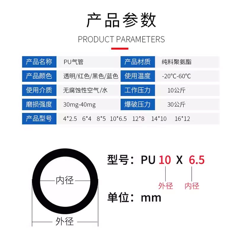 PU气管软管8mm气泵空压机6mm高压汽管8*5气动透明pu管10/12mm红蓝