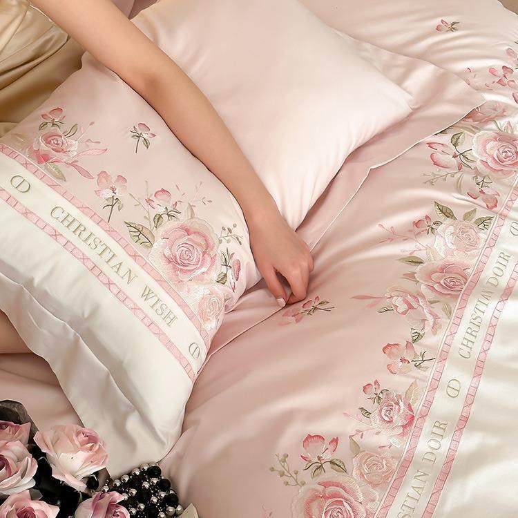 少女心浪漫玫瑰花100S长绒棉刺绣四件套全棉纯棉被套床上用品