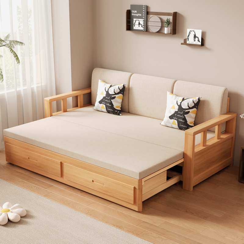 实木沙发床可折叠推拉两用中式罗汉床伸缩小户型客厅储物原木沙发