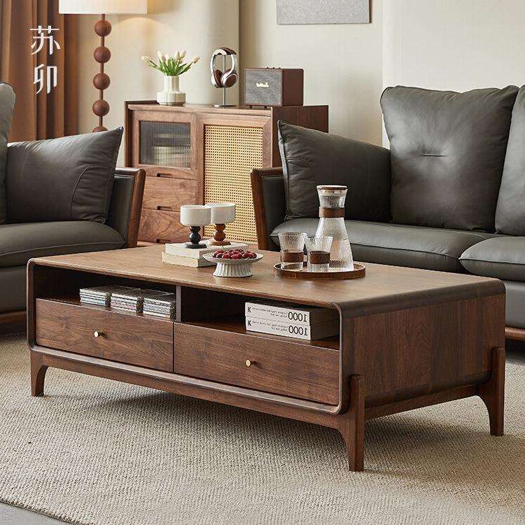苏卯新中式实木茶几小户型简约家用沙发客厅带抽屉矮桌黑胡桃木