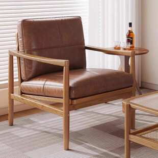 实木单人沙发椅卧室北欧复古风扶手椅客厅休闲懒人椅中古汉克椅子