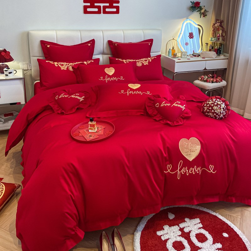全棉结婚床上用品四件套婚庆100床单被套大红色喜庆陪嫁喜被