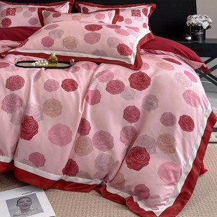 结婚四件套大红色喜庆玫瑰印花全棉被套床单婚庆嫁娶床上用品