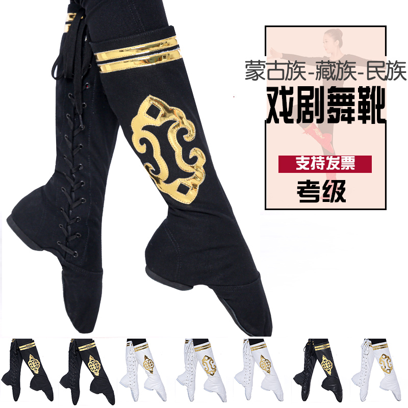 藏族舞蹈靴女长筒蒙古族侧花皮靴跳舞练功鞋男藏族舞台表演艺考鞋