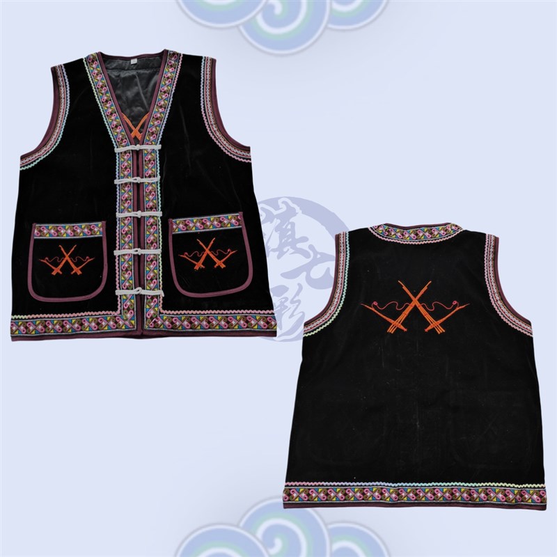 云南少数民族马夹苗族男马褂黑色新款平绒X花边芦笙马甲