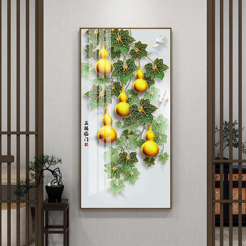 葫芦麋鹿中式福禄双全入户走廊玄关装饰画五福临门壁画门厅挂画金