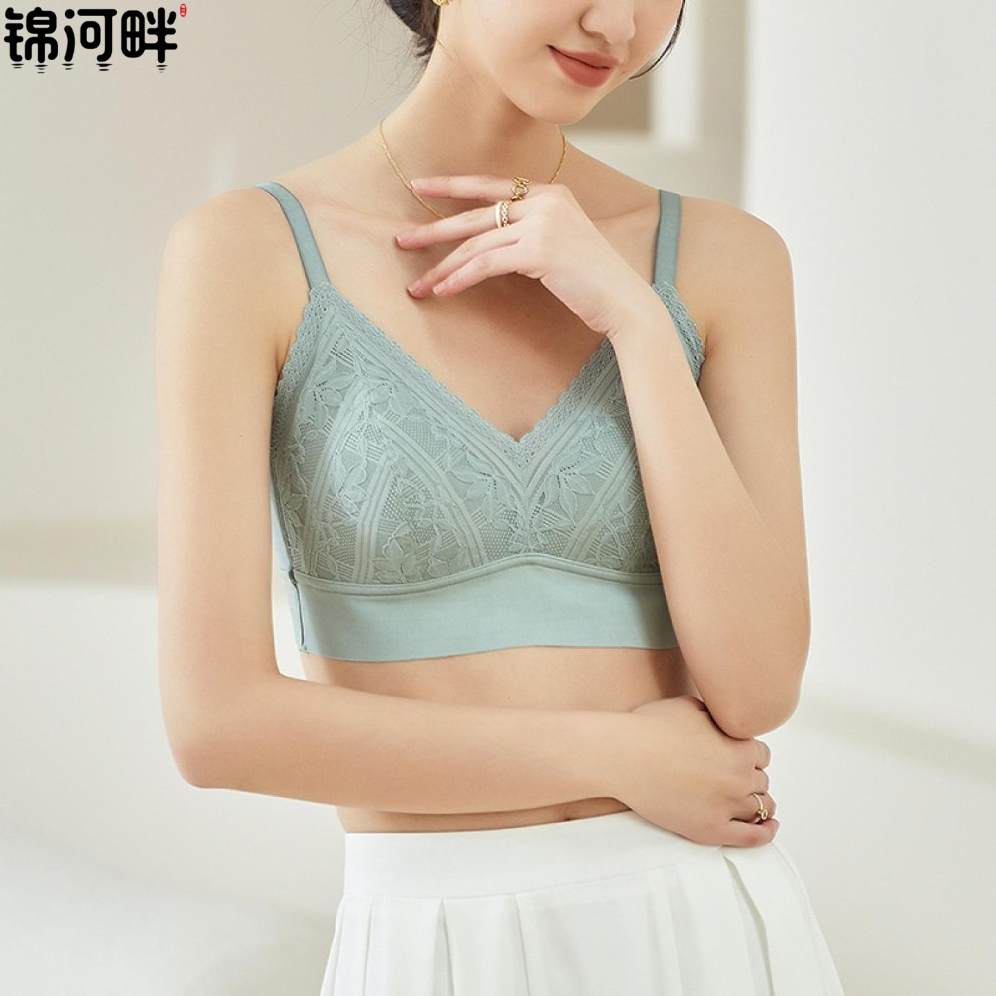 锦河畔  春夏蕾丝性感真丝文胸 薄款无钢圈桑蚕丝内衣大胸显小收