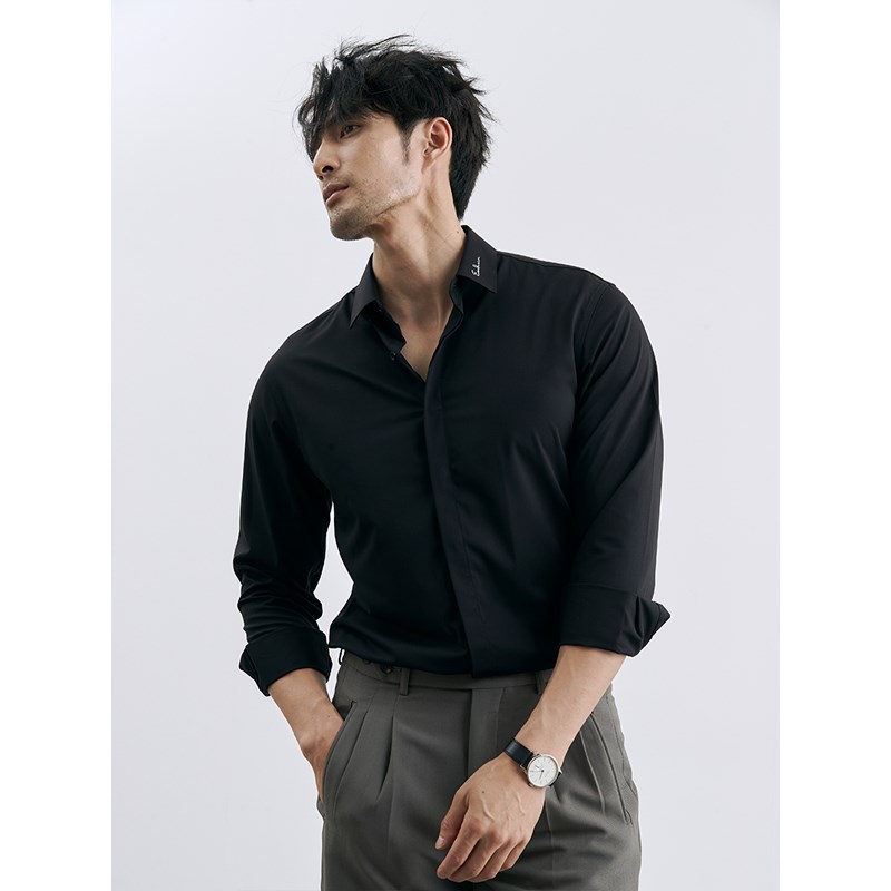 高级设计感刺绣免烫商务男白色衬衫吸湿竹纤维带弹力休闲长袖衬衣