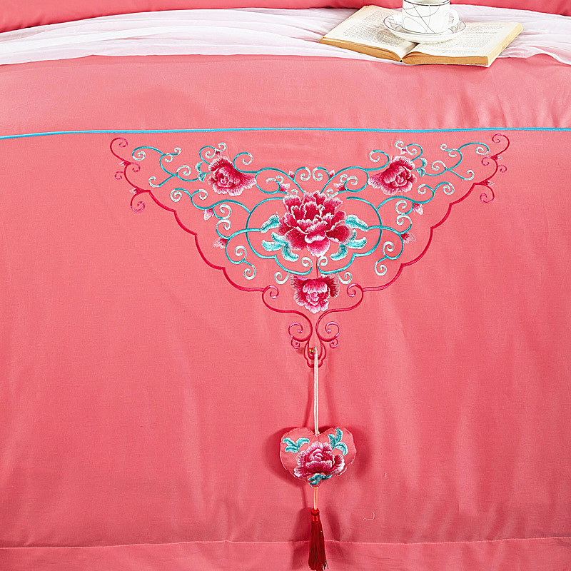 婚庆四件套粉色全棉被套结婚床上用品喜庆纯棉六件套床品刺绣套件