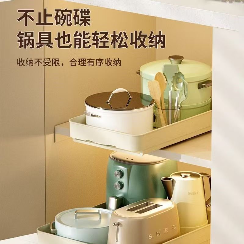 家用拉篮厨房橱柜不锈钢双层抽屉式碗架收纳沥水架碟架橱柜碗篮