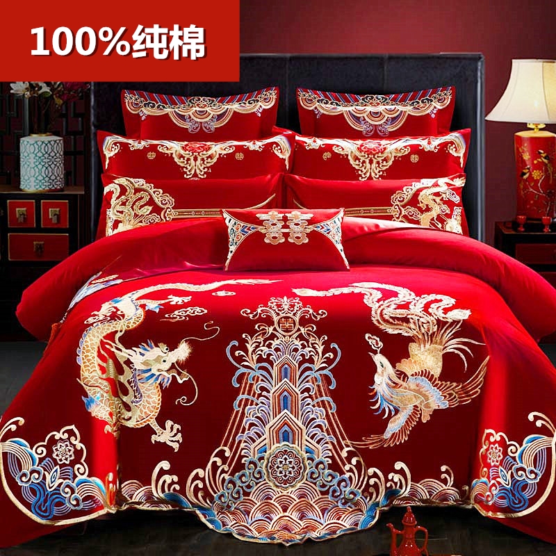 全棉婚庆四件套新婚龙凤刺绣纯棉被套大红色结婚喜庆绣花床上用品