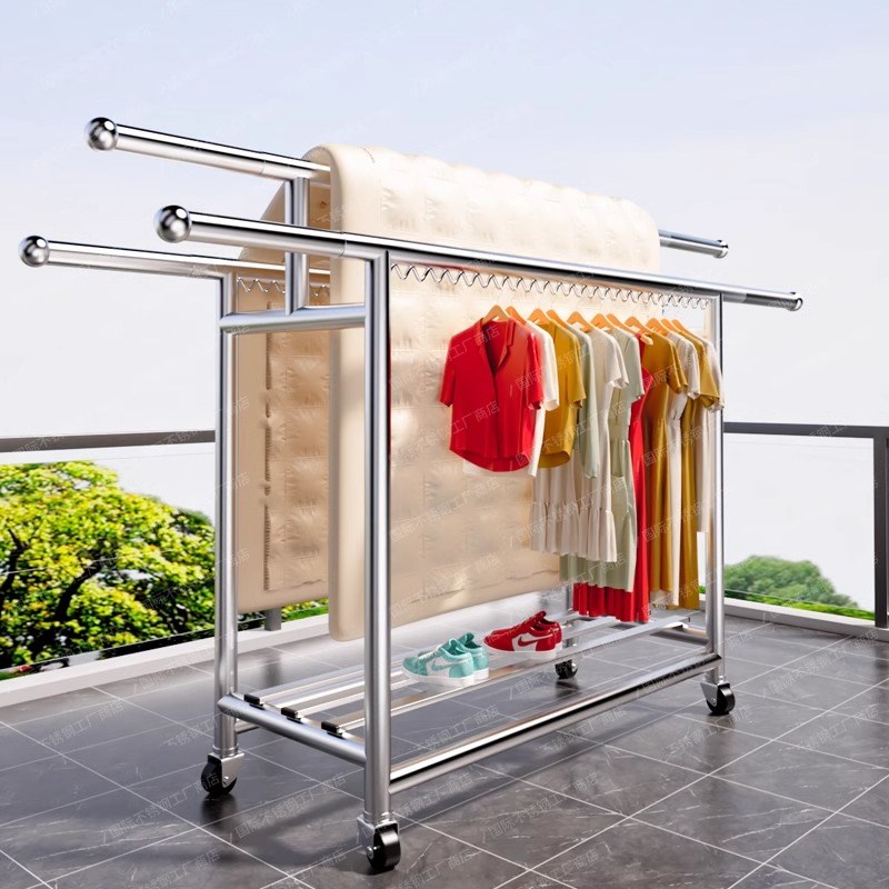 38管加粗加厚h三杆不锈钢落地晾衣架防风晒被子伸缩可移动晾衣架