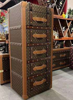 做旧中复古风斗柜橙色马鞍皮老花五抽斗柜美式乡村客厅家用储物柜