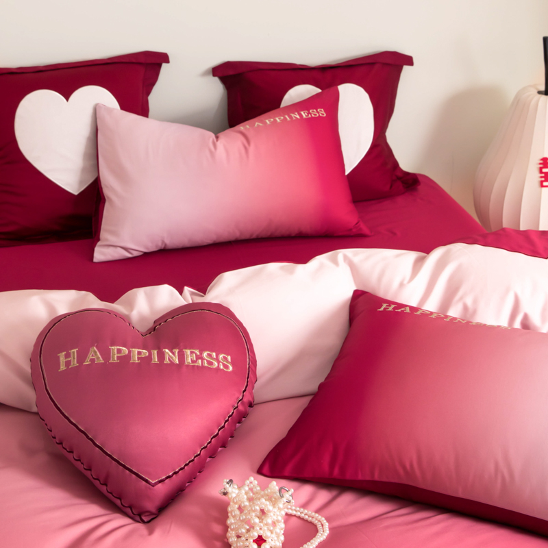 婚庆红色渐层长绒棉四件套全棉100被套结婚床单婚嫁床上用品4