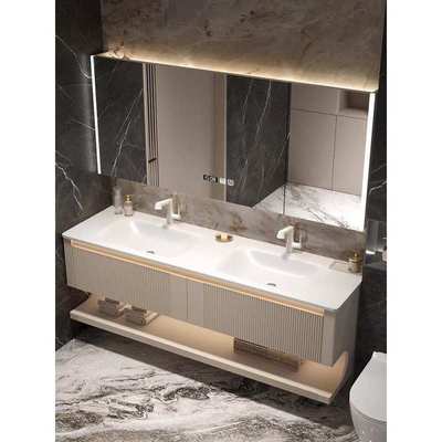 现代岩板热弯一体双盆浴室柜组合橡木烤漆卫生间洗手脸洗漱台盆柜