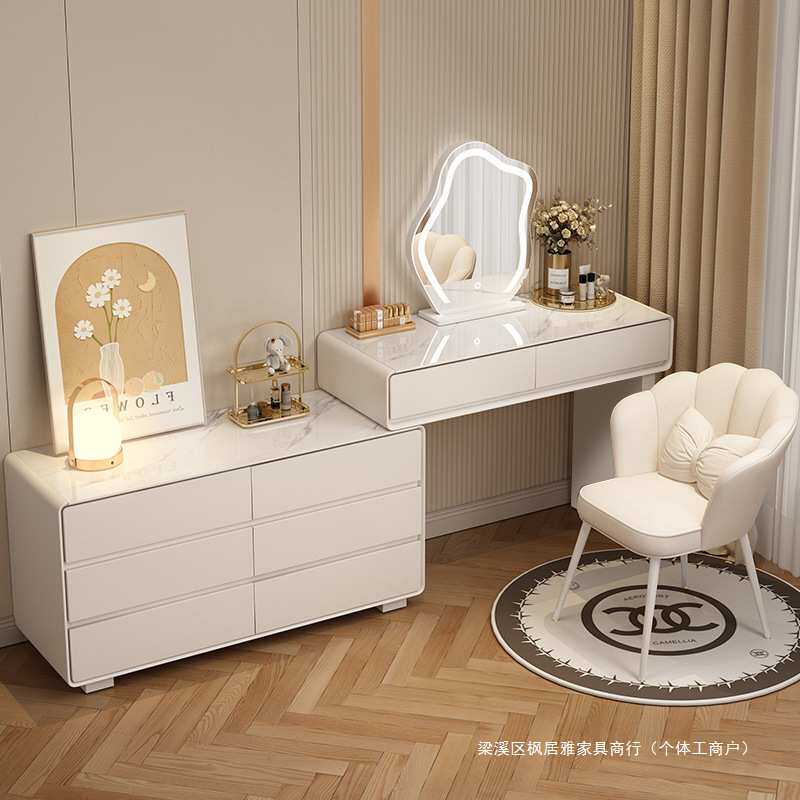奶油风网红梳妆台卧室简约现代2025新款轻奢全实木化妆桌斗柜一体