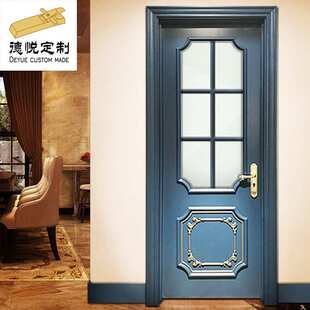 蓝色实木雕花门欧式 房间卧室门厨房平开门卫生间隔音门美式