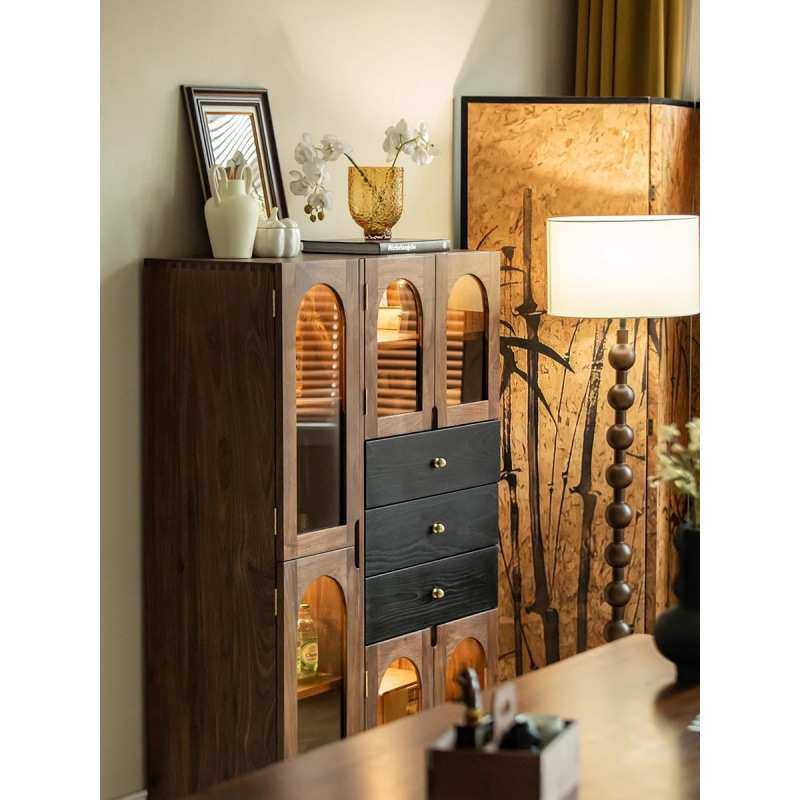 黑胡桃木色法式复古展示书柜客厅沙发边柜餐边柜储物收纳柜酒柜