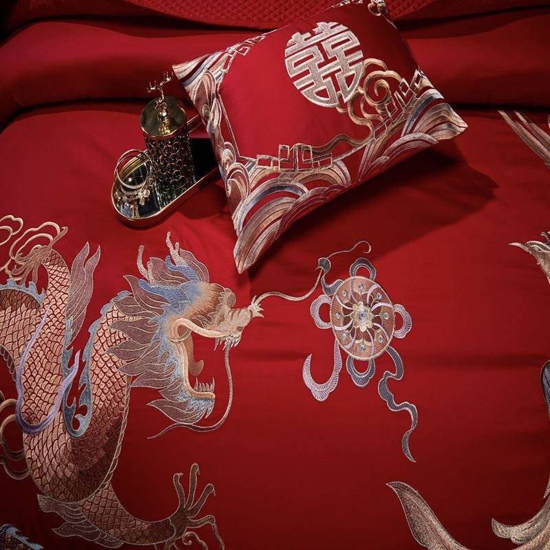 刺绣庆婚全大红色棉四件套20长0DM-1688s贡缎绒棉结婚高档六件套