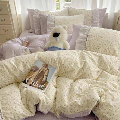 【樱桃】法式奶复冻古套公主风床上四件纯棉全棉荷叶8888花边被套