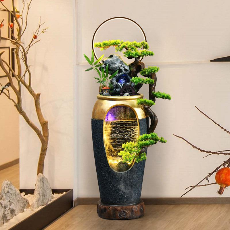 观电视柜旁边轻奢落瓶地流水喷泉景家居花加KNH玄湿器关客厅装饰