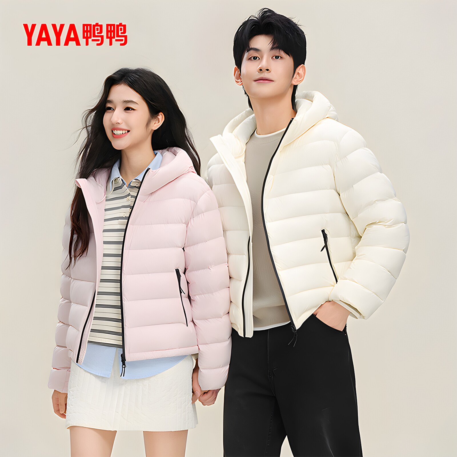 鸭鸭90绒排骨羽绒服男女款冬季连帽新款休闲时尚百搭短款外套