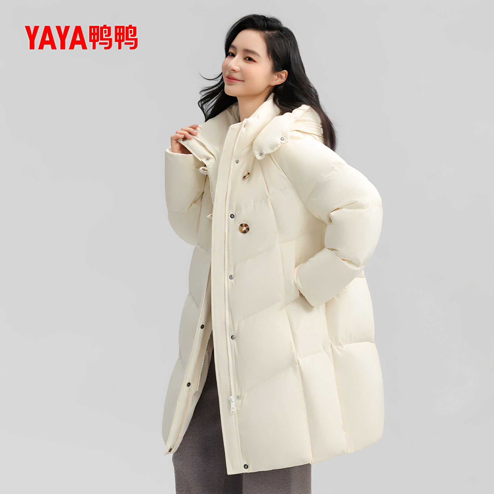 鸭鸭90绒女款秋冬季中长款城市户外保暖时尚休闲宽松保暖羽绒服
