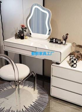 实木岩板奶油梳风梳妆收台全实木一体简约化妆台妆纳NNX柜桌卧室