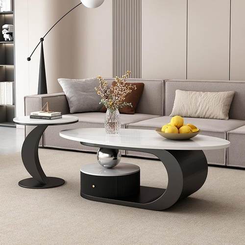 意式轻奢岩985板茶几茶椭圆形客家用小户大小几组合带抽2025型厅新款