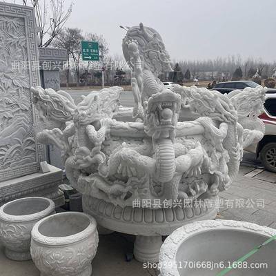 白龙缸雕龙圆缸石雕九龙汉壁155缸养水花养鱼水池别墅门玉海造景