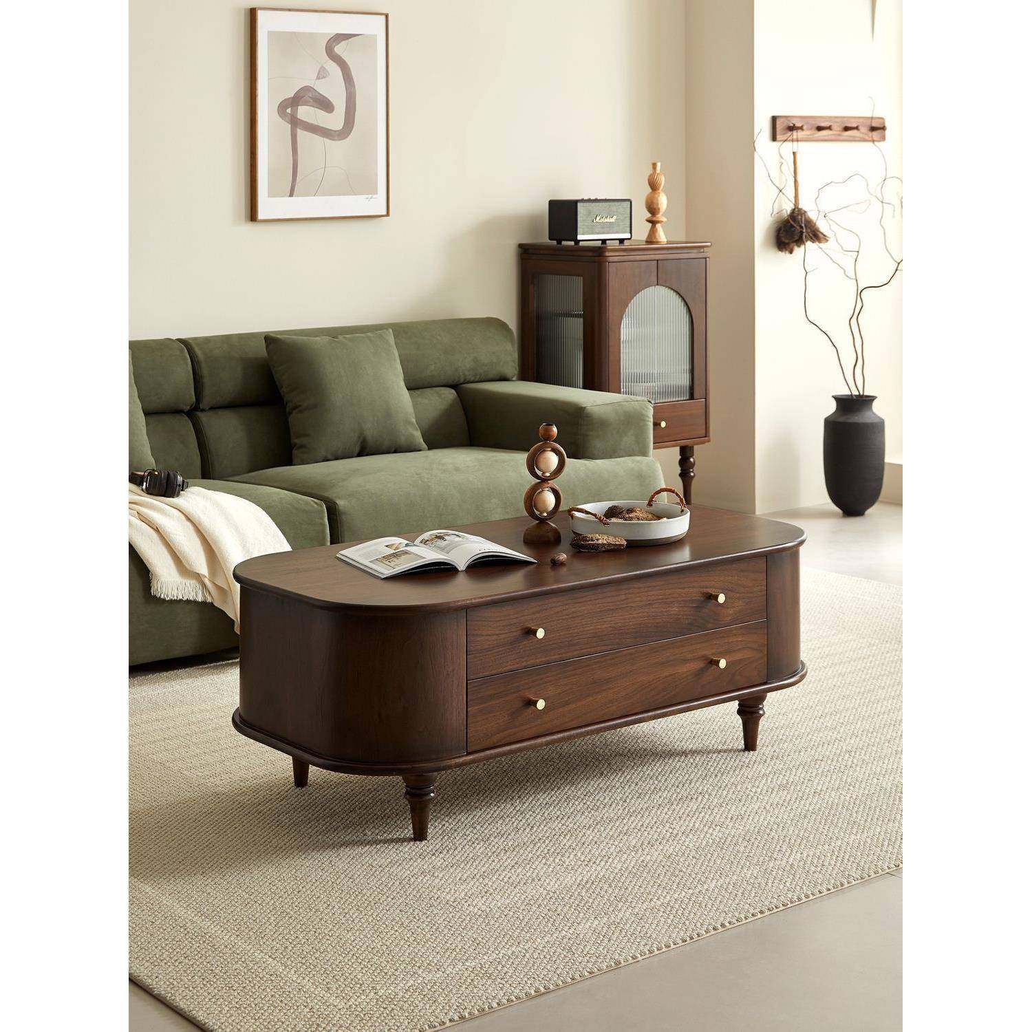 全实木茶几美PGX组轻奢椭圆形式小户型简约客抽屉收厅纳茶桌电视