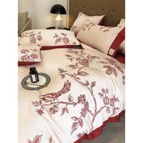 5ZV浪漫婚庆棉100支绒棉四纯件长F68J59套花鸟刺绣棉被全套结婚床