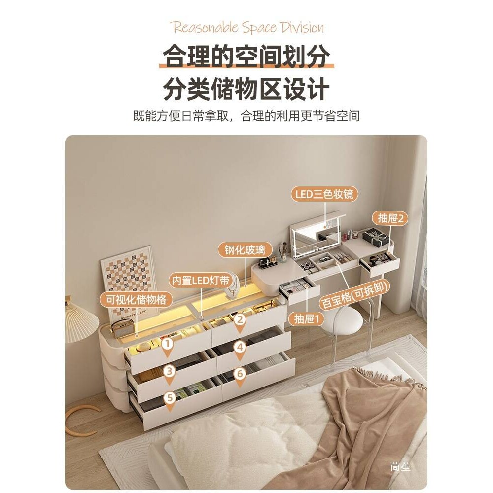 小户型卧室l型半包围书桌梳妆台转角斗柜法式奶油风床边柜灯一体