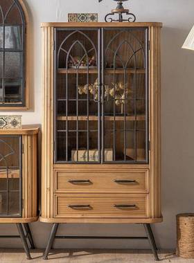 美式复餐边柜实木酒柜入户铁艺物玻璃门茶水柜子储GHI柜古厅客墙