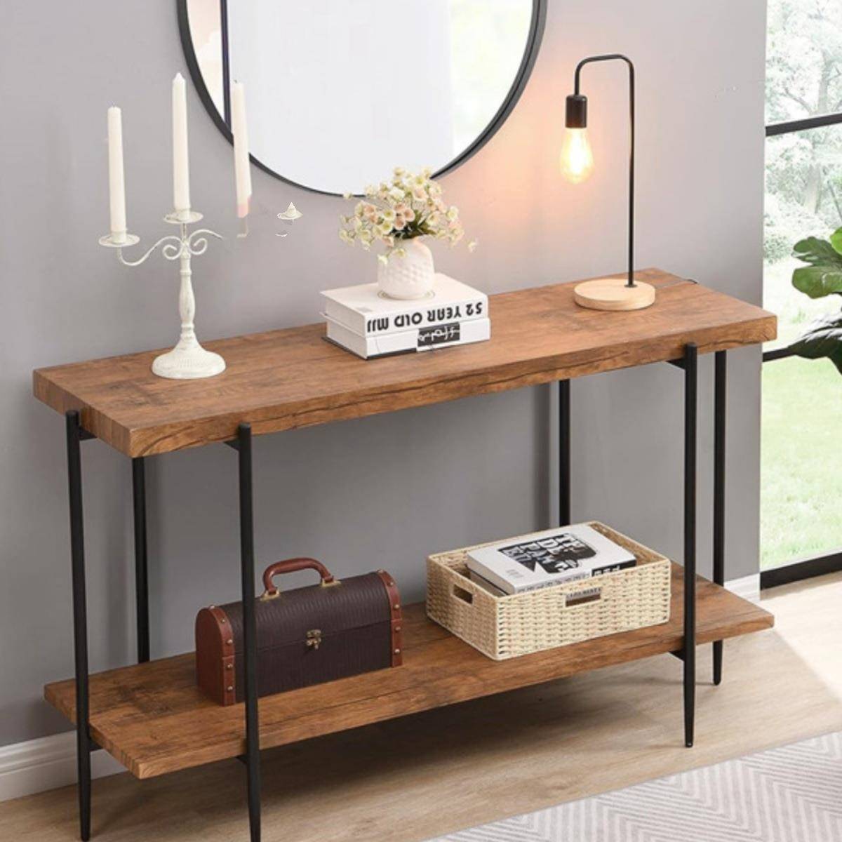 美式实386木入户家用民宿玄关柜双层木置物边架书架玄条关桌几质