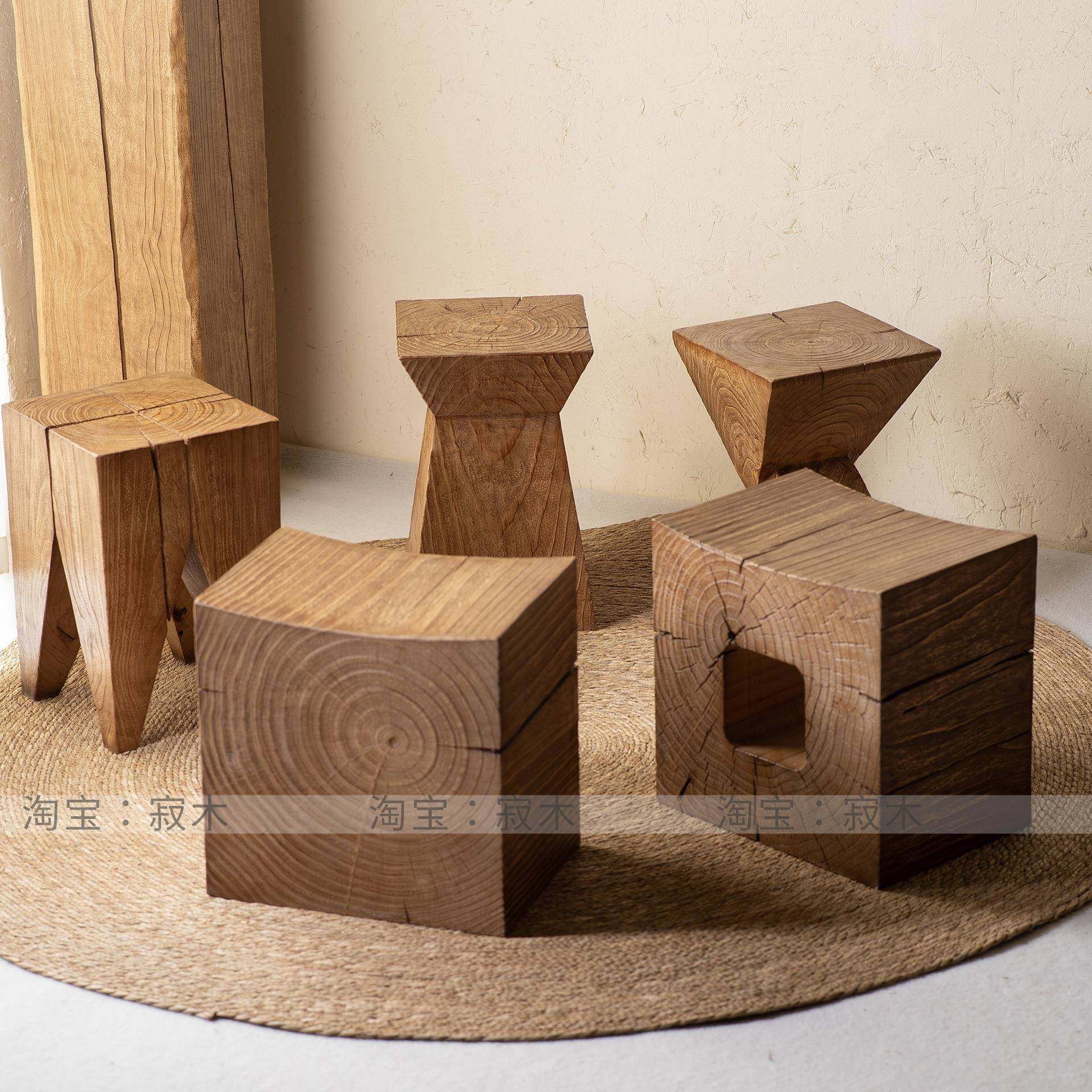 实sada创木墩子原木树边几深纹圆形凳子意树木头墩根雕矮凳民宿桩