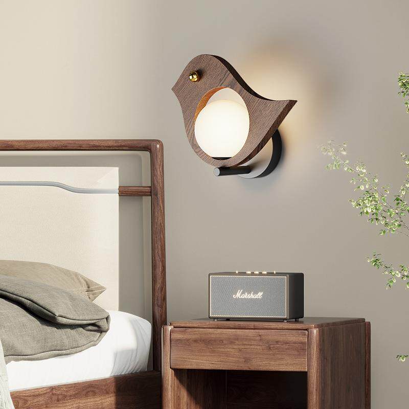 【】壁灯中古风胡桃木选色饰小鸟装灯儿童房温馨墙灯21创严意美观