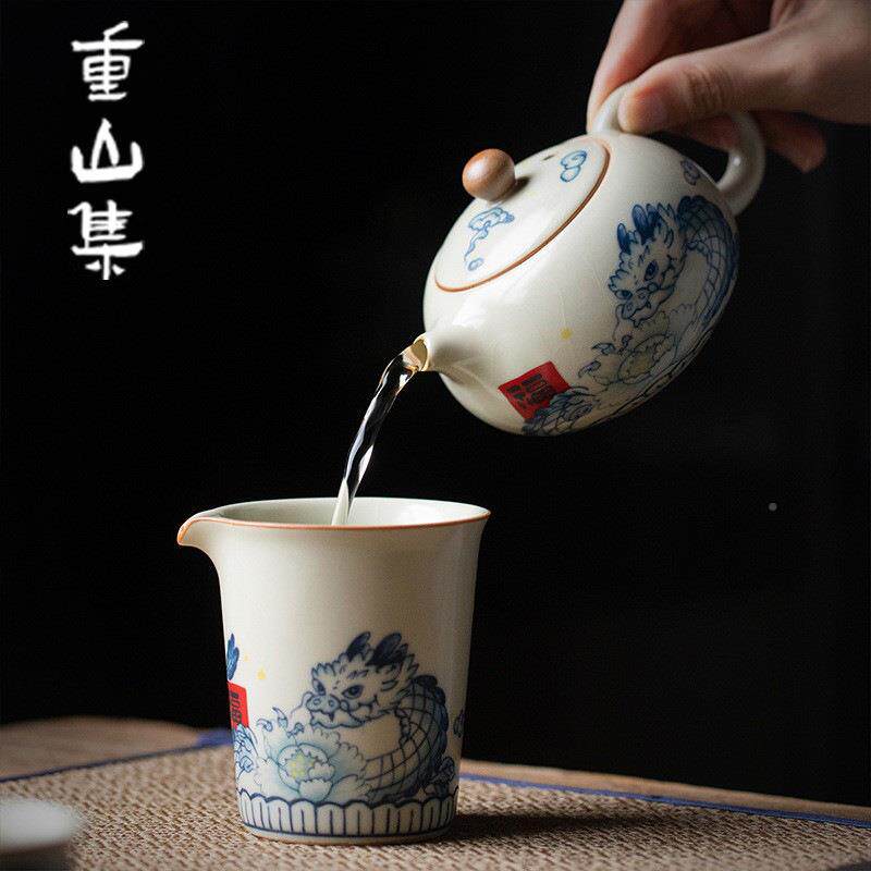 小神龙米黄汝窑壶CYJ315茶泡茶家用2042新款陶大容量青花瓷西施壶