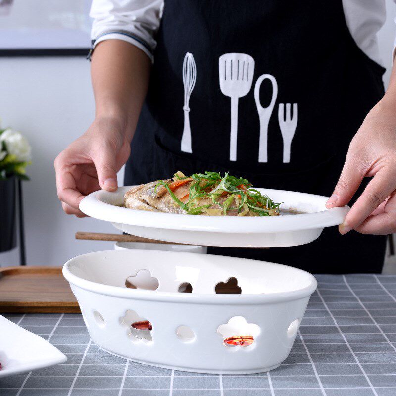 工厂白色陶瓷加热鱼盘干锅加热炉保温盘菜盘烤鱼盘旦形梅花炉