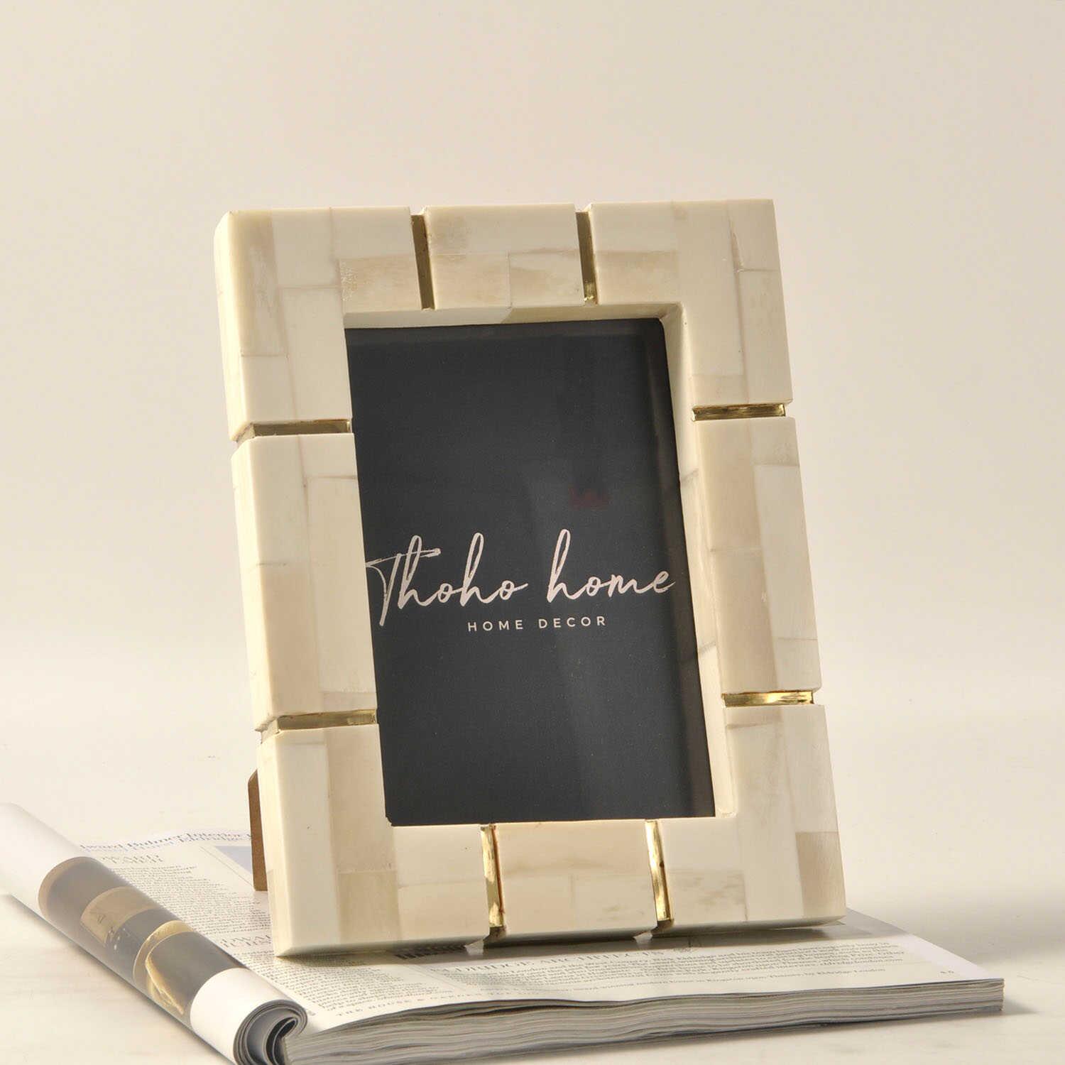 印度进口牛骨相框镶铜北欧床头白色寸创意摆台样板间桌面摆件