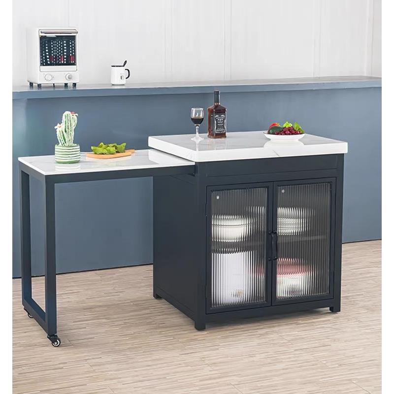 现代开放式大理石厨房中岛料理台铁艺伸缩一体餐桌吧台边柜可移动