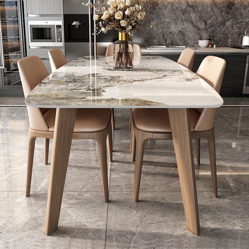 北欧岩板餐桌胡桃色现代简约小户型家用轻奢大理石实木餐桌椅组合