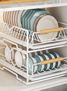 厨房碗碟纳架收拉屉式橱抽柜内置抽放碗抽式置物架碗盘拉FDY篮沥