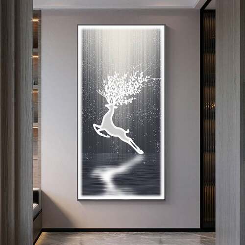 入户玄关装饰画月光麋鹿极简约现代LED挂画走廊尽头晶瓷镶钻壁画