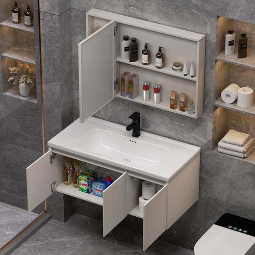 现代简约蜂窝铝浴盆室柜洗手漱台陶瓷一体盆面658无镜缝岩板台智