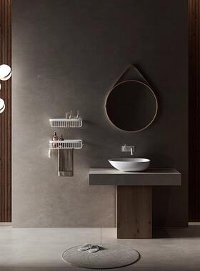 全铜室纳奶油风白色免APQ打孔浴室置物架卫生巾间浴收架镜前毛杆