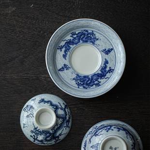 仿古胎高足壶茶承件仿青花腾元龙纹盖碗壶底托mjtc茶道配多用